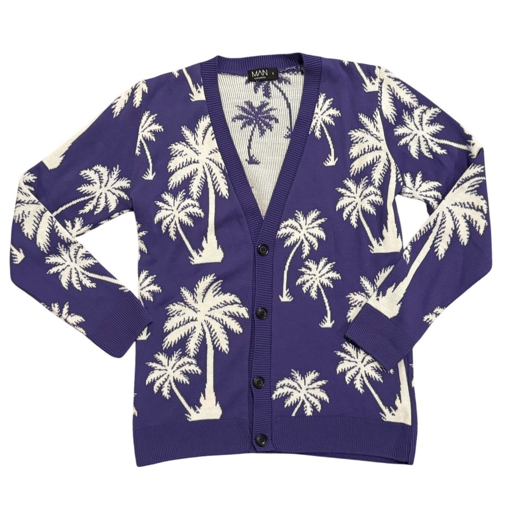 BoohooMAN Palm Tree Cardigan Purple White V Neck Button Down Men's Size‎ S